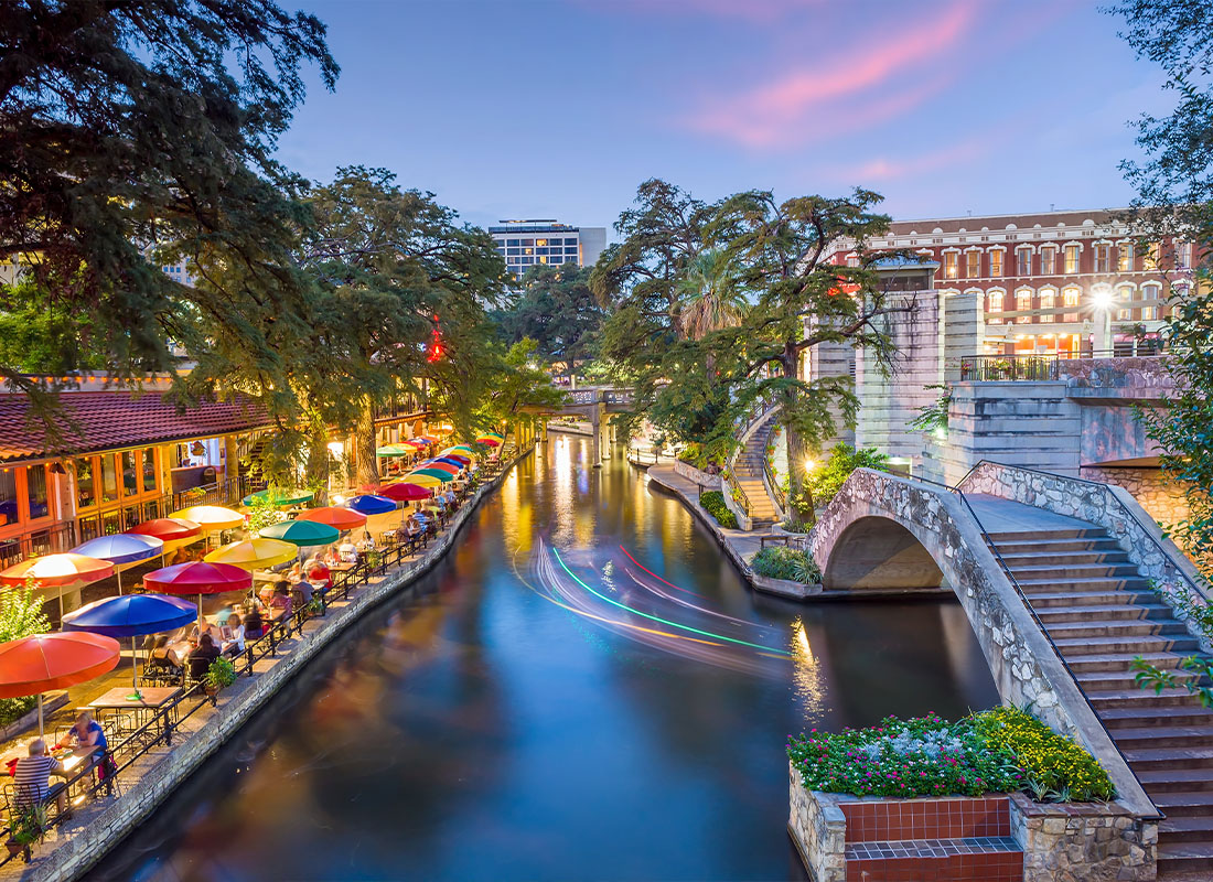 San Antonio, TX - Scenic View of the River Walk and Skyline in Downtown San Antonio, Texas